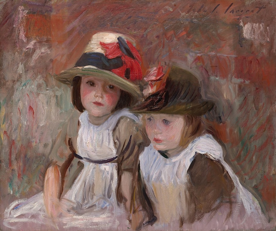 A painting depicting two children, girls, dressed in hats and dresses typical for 19th century. 